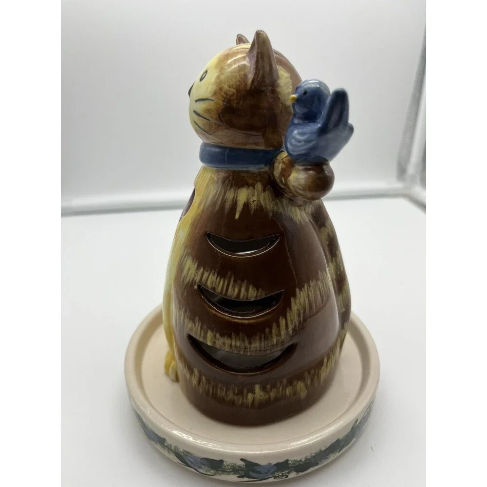 Kathy Hatch Ceramic Tabby Kitty Cat Bird Votive Tea-Light Candle Holder Figurine